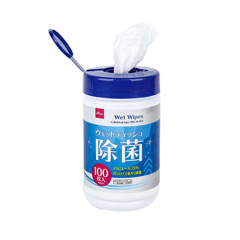 Cleaning wet wipes household canister packing 100pcs disinfecting wipes non-woven spunlace 35gsm unscented with 15% alcohol